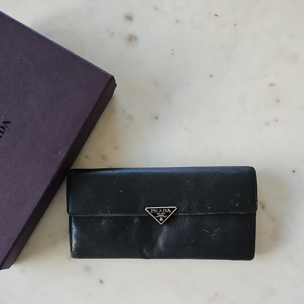 Prada Black Saffiano Leather Long Envelope Wallet